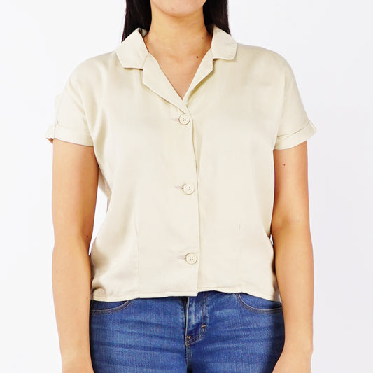 Petrol Basic Woven for Ladies Crop Fitting Shirt Trendy fashion Plain Ribbed Fabric Casual Top Beige Woven Blouse for Ladies 118829 (Beige)