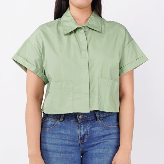 Petrol Basic Woven Ladies Boxy Fitting Shirt 150562 (Mosstone)