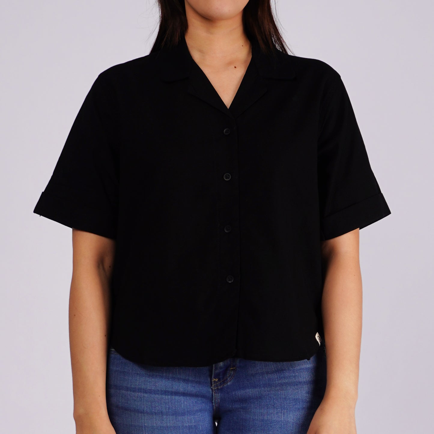 Petrol Ladies Basic Collared Woven Regular Fitting Linen Fabric 158491 (Black)