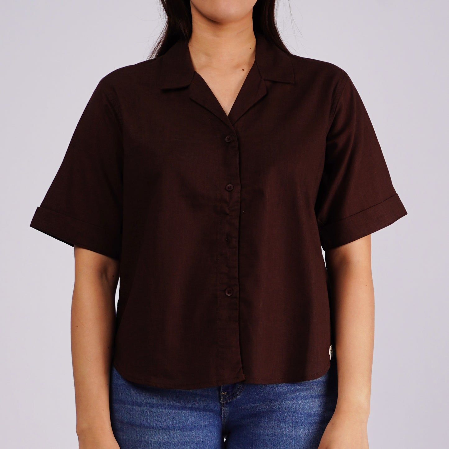 Petrol Ladies Basic Collared Woven Regular Fitting Linen Fabric 158491 (Choco Brown)