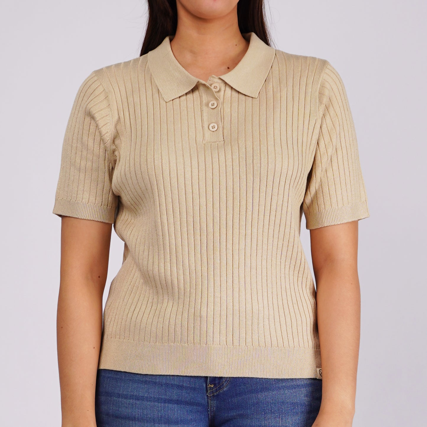 Petrol Ladies Basic Collared Boxy Fitting Knitted Fabric 158504 (Khaki)