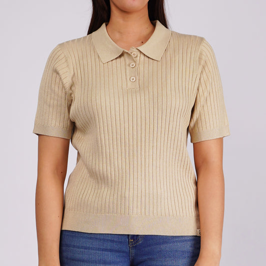 Petrol Ladies Basic Collared Boxy Fitting Knitted Fabric 158504 (Khaki)