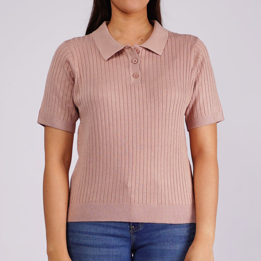 Petrol Ladies Basic Collared Boxy Fitting Knitted Fabric 158504 (Old Rose)