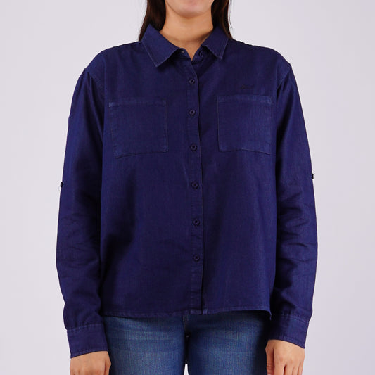 Petrol Ladies Basic Woven Loose Fitting Chambray Fabric 133986 (Dark Wash)