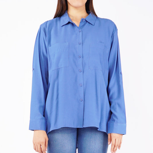 Petrol Ladies Basic Woven Polo Longsleeve Loose Fitting Woven Fabric 139557 (Blue)