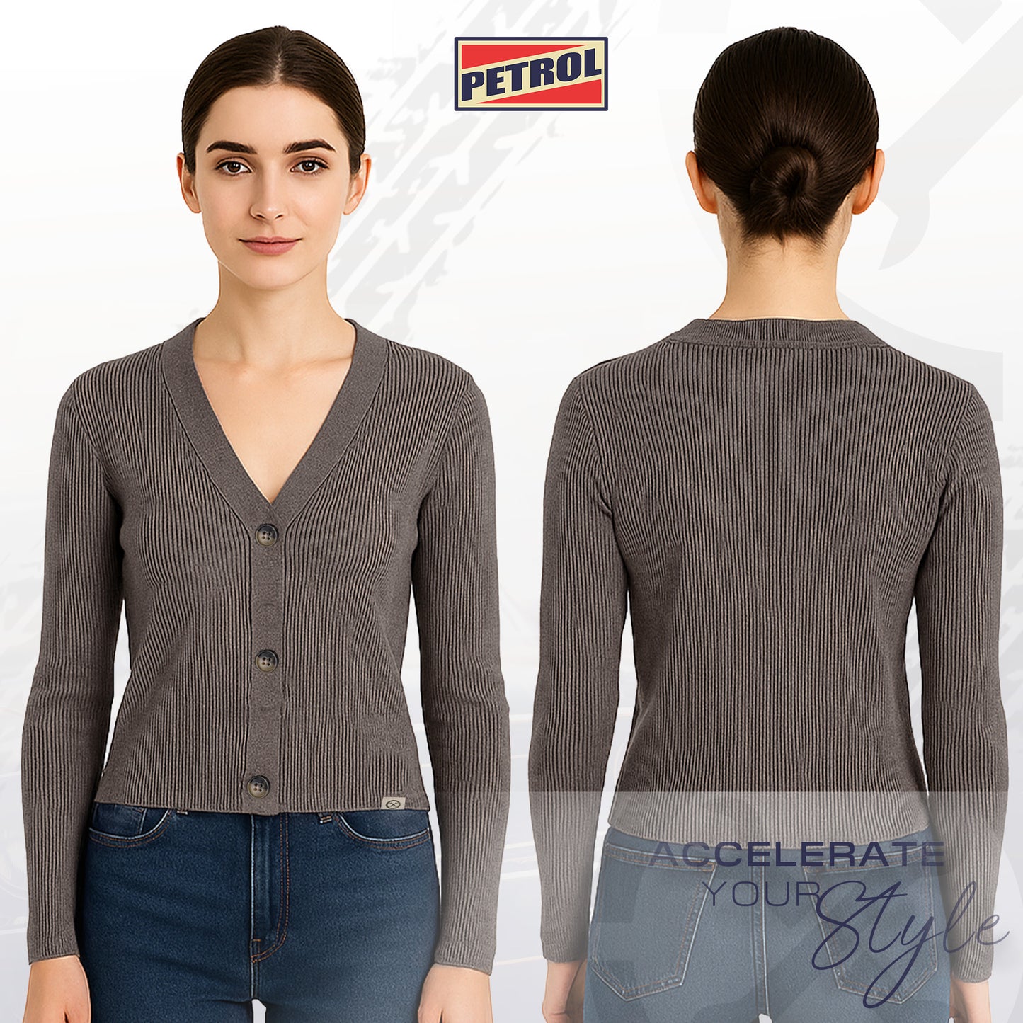 Petrol Ladies Basic Knitted Jacket Crop Fitting 188869 (Brown)