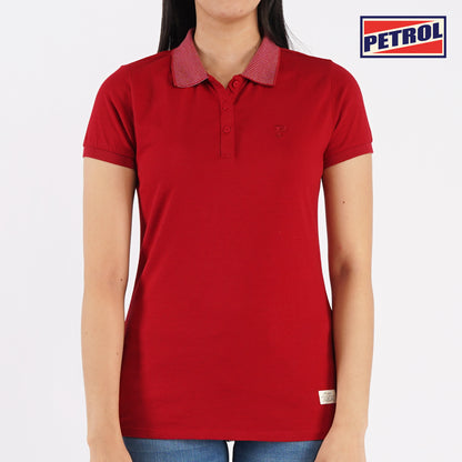 Petrol Basic Collared Shirt for Ladies Regular Fitting Cotton Jersey Trendy fashion Casual Top Crimson Polo shirt for Ladies 119206 (Crimson)