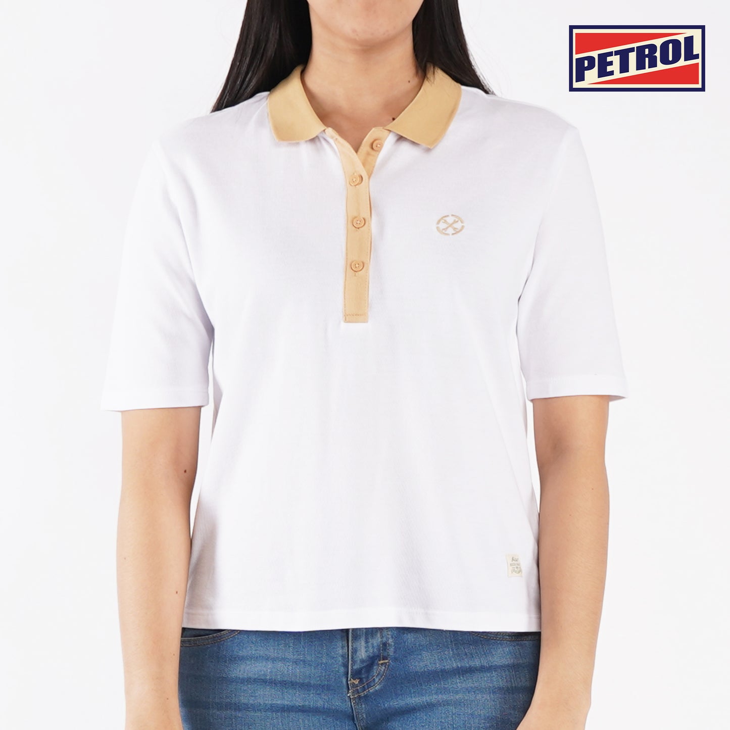 Petrol Basic Collared Shirt for Ladies Boxy Fitting Cotton Jersey Trendy fashion Casual Top White Polo shirt for Ladies 129151 (White)