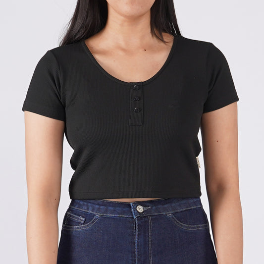 Petrol Basic Tees for Ladies Crop Fitting Shirt Trendy fashion Plain Ribbed Fabric Casual Top Black T-shirt for Ladies 140858-U (Black)
