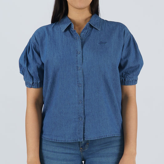 Petrol Ladies' Modified Woven Boxy Fitting Blouse Chambray Fabric Trendy fashion Casual Top Medium Wash Woven Blouse for Ladies 130907 (Medium Wash)